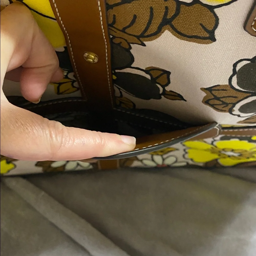 Tory Burch Brown Leather Trim Floral Tote with Yellow, White & Black Accents